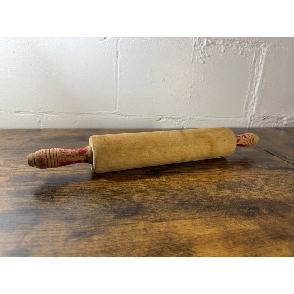 Vintage Wooden Rolling Pin Red Handles Primitive Farmhouse Kitchen Decor